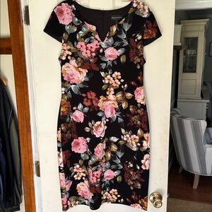 Connected Apparel Black Dress with Pink and Gray Floral Design